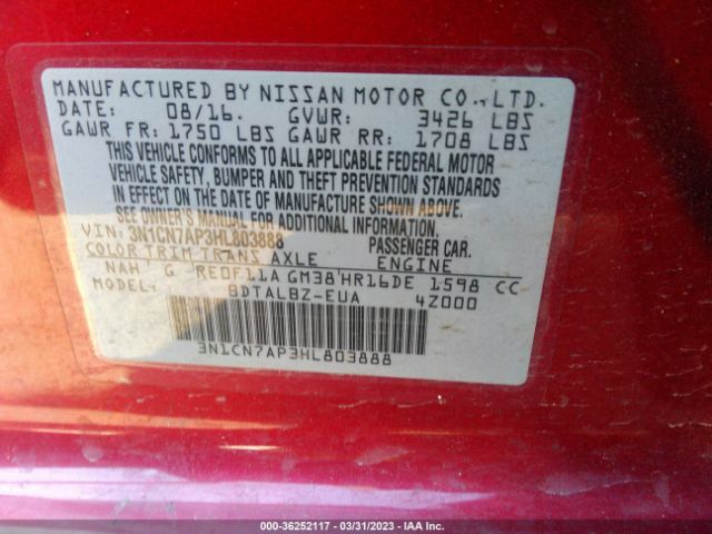 3N1CN7AP3HL803888 Nissan Versa Sedan Sv