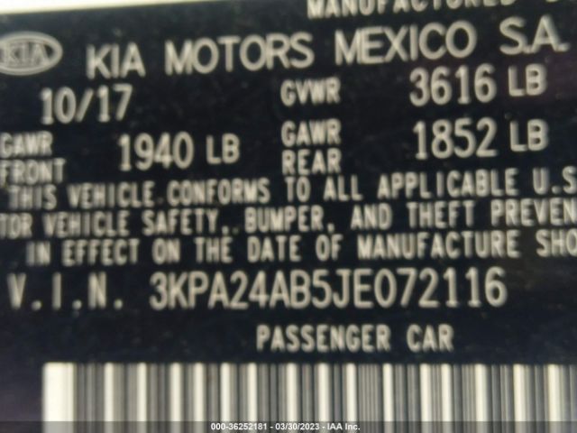 3KPA24AB5JE072116 KIA RIO S