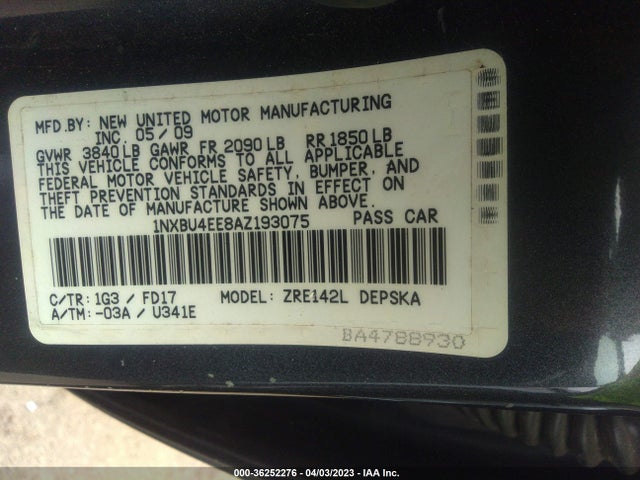 2010 TOYOTA COROLLA VIN: 1NXBU4EE8AZ193075