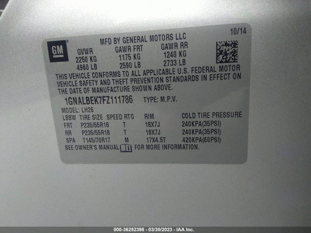 Chevrolet EQUINOX LT 2015 1GNALBEK7FZ111786 Image 10