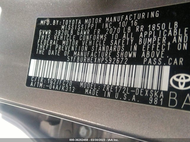 Toyota Corolla L/le/xle/se 2017 5YFBURHEXHP592672 Image 9