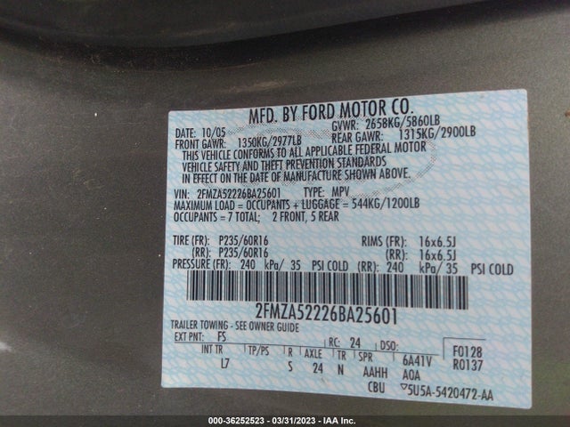 2006 FORD FREESTAR WAGON SEL VIN: 2FMZA52226BA25601