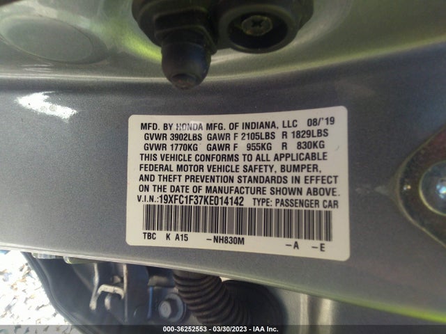 2019 HONDA CIVIC SEDAN EX VIN: 19XFC1F37KE014142