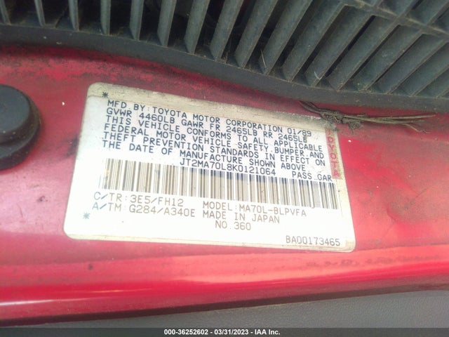 1989 TOYOTA SUPRA VIN: JT2MA70L8K0121064