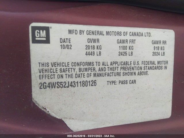 2003 BUICK CENTURY CUSTOM VIN: 2G4WS52J431180126