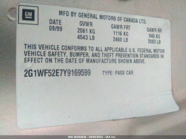 2000 CHEVROLET IMPALA VIN: 2G1WF52E7Y9169599