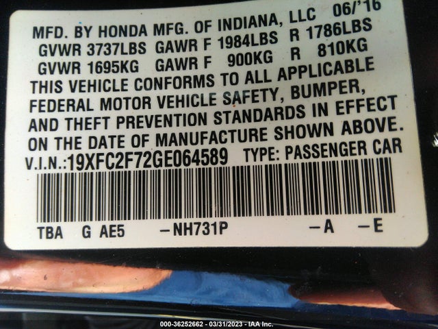 2016 HONDA CIVIC SEDAN EX VIN: 19XFC2F72GE064589