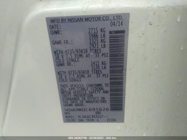 5N1AR2MM1EC695626 Nissan Pathfinder S/sv/sl/platinum