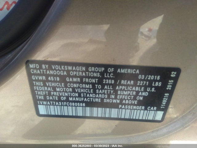 1VWAT7A31FC080586 Volkswagen Passat 1.8t Wolfsburg Ed