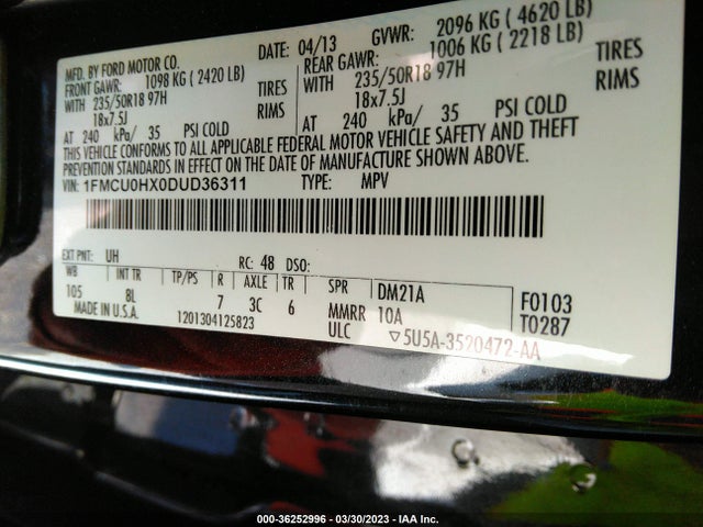 2013 FORD ESCAPE SEL VIN: 1FMCU0HX0DUD36311