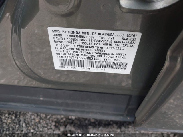 2008 HONDA PILOT EX-L VIN: 5FNYF18558B024685