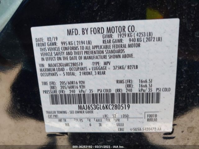 MAJ6S3GL6KC280519 Ford Ecosport Se