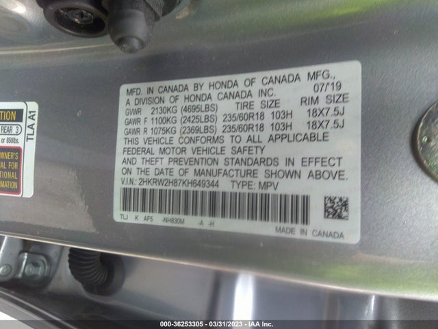 Honda Cr-v Ex-l 2019 2HKRW2H87KH649344 Image 9