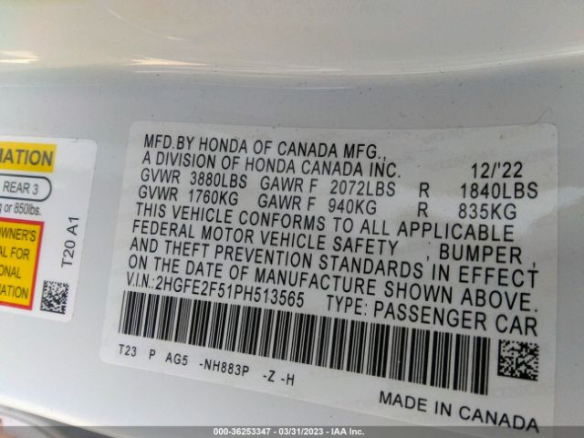 2HGFE2F51PH513565 Honda Civic Sedan Sport