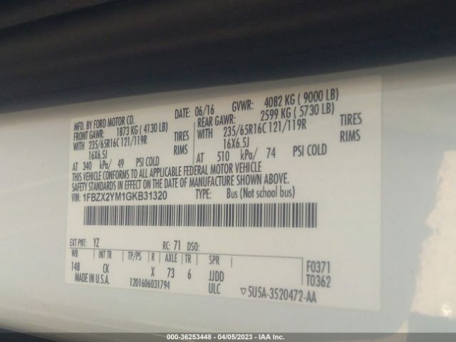 1FBZX2YM1GKB31320 Ford Transit Wagon Xl/xlt