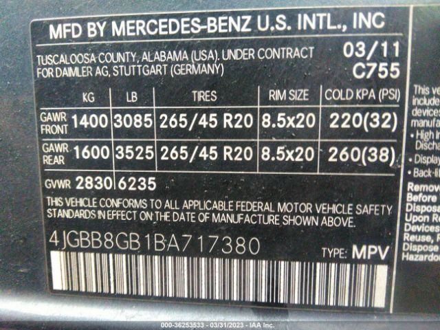 2011 MERCEDES-BENZ M-CLASS 4JGBB8GB1BA717380 Photo 8