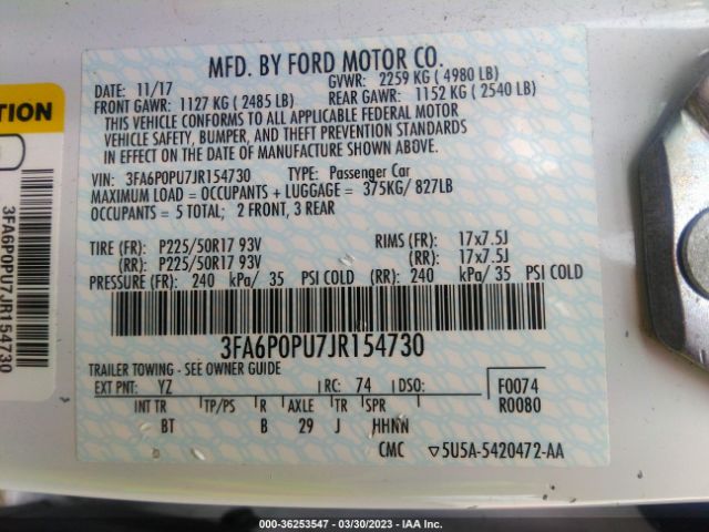 3FA6P0PU7JR154730 Ford Fusion Energi Se