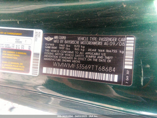 2009 MINI COOPER HARDTOP VIN: WMWMF33569TT68684