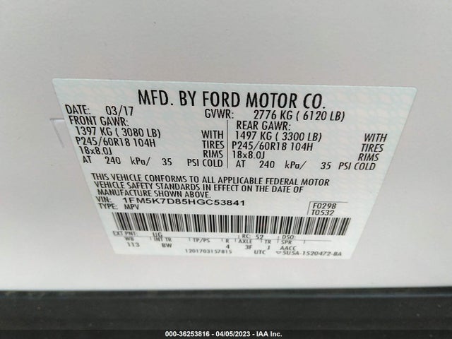 2017 FORD EXPLORER XLT VIN: 1FM5K7D85HGC53841