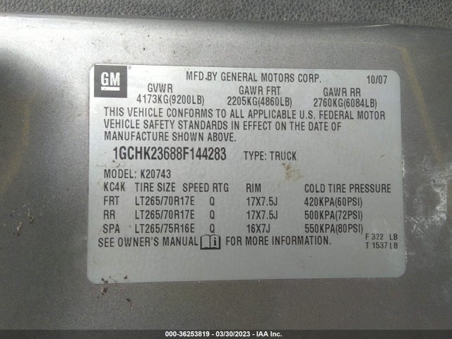 2008 CHEVROLET SILVERADO 2500HD LTZ VIN: 1GCHK23688F144283