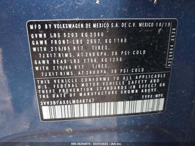 3VV3B7AX9LM046747 Volkswagen Tiguan Se/sel/se R-line Black