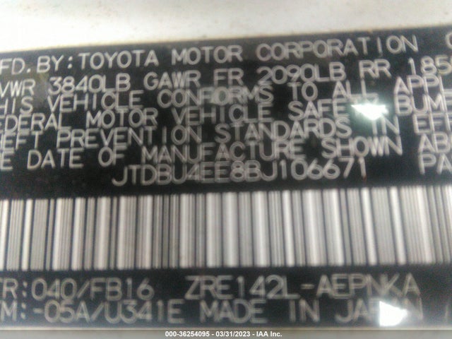 2011 TOYOTA COROLLA L/LE/S VIN: JTDBU4EE8BJ106671
