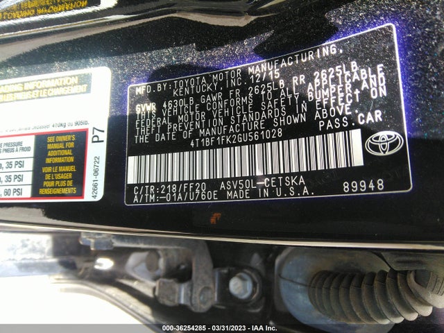2016 TOYOTA CAMRY XLE/SE/LE/XSE VIN: 4T1BF1FK2GU561028