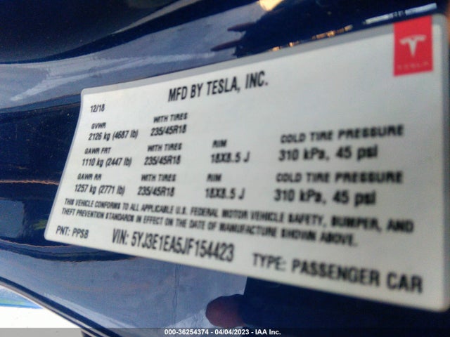 Tesla Model 3 Range Battery 2018 5YJ3E1EA5JF154423 Image 9