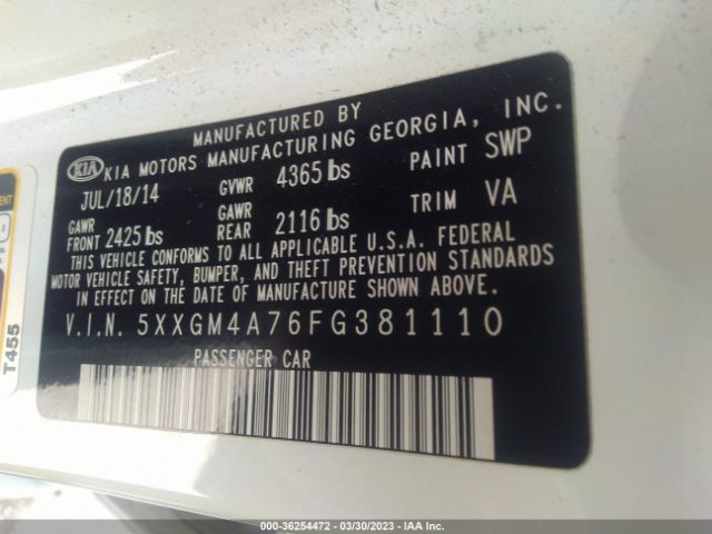 5XXGM4A76FG381110 KIA Optima Lx