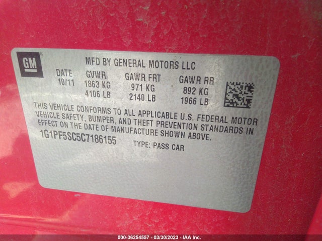 2012 CHEVROLET CRUZE LT W/1LT VIN: 1G1PF5SC5C7186155
