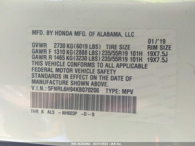 2019 HONDA ODYSSEY ELITE VIN: 5FNRL6H94KB070206