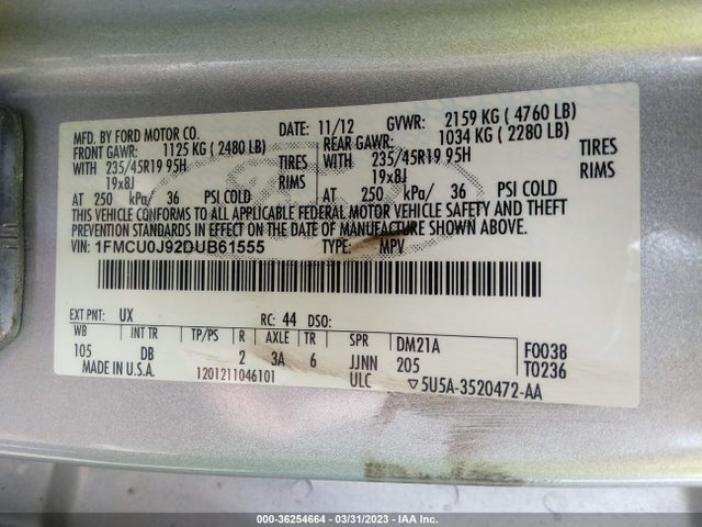 2013 FORD ESCAPE TITANIUM VIN: 1FMCU0J92DUB61555