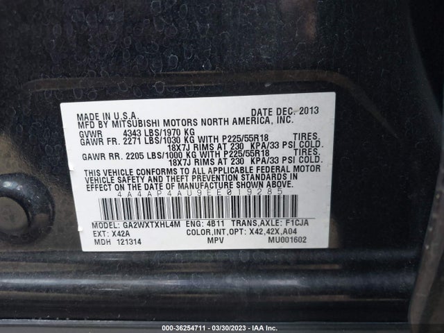 4A4AP4AU9EE019285 Mitsubishi Outlander Sport Se