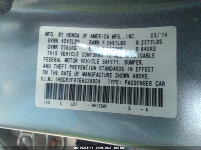 36254716 :رقم المزاد ، 1HGCR3F87EA028804 vin ، 2014 Honda Accord Sedan Ex-l مزاد بيع