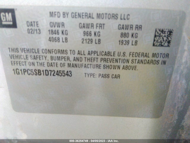 2013 CHEVROLET CRUZE 1LT VIN: 1G1PC5SB1D7245543