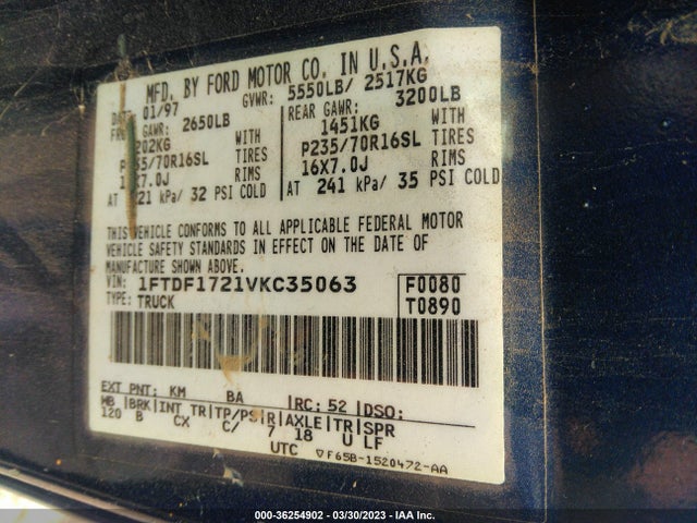 1997 FORD F-150 VIN: 1FTDF1721VKC35063