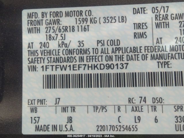 1FTFW1EF7HKD90137 Ford F-150 Xl/xlt/lariat