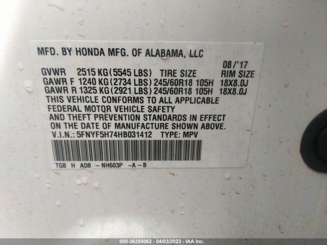 Honda Pilot Ex-l 2017 5FNYF5H74HB031412 Image 9