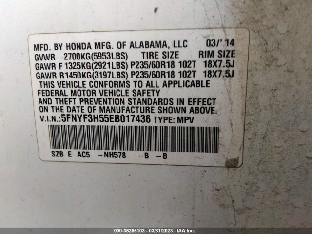 Honda Pilot Ex-l 2014 5FNYF3H55EB017436 Image 10