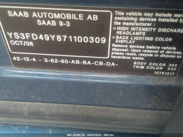 2007 SAAB 9-3 YS3FD49Y871100309 Photo 8