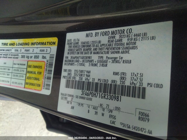 Ford FUSION SE 2016 3FA6P0H71GR330981 Image 10