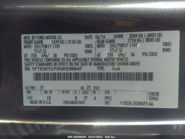 1FTEW1CF5GKE96647 Ford F-150 Xl/lariat