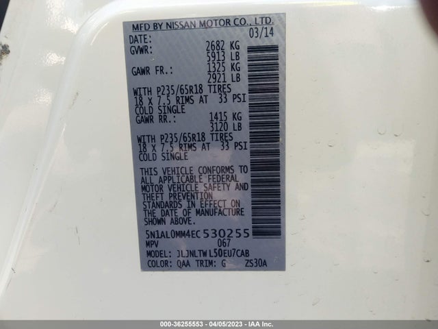 Aukcja sprzedaży 2014 Infiniti Qx60, vin: 5N1AL0MM4EC530255, numer aukcji: 36255553