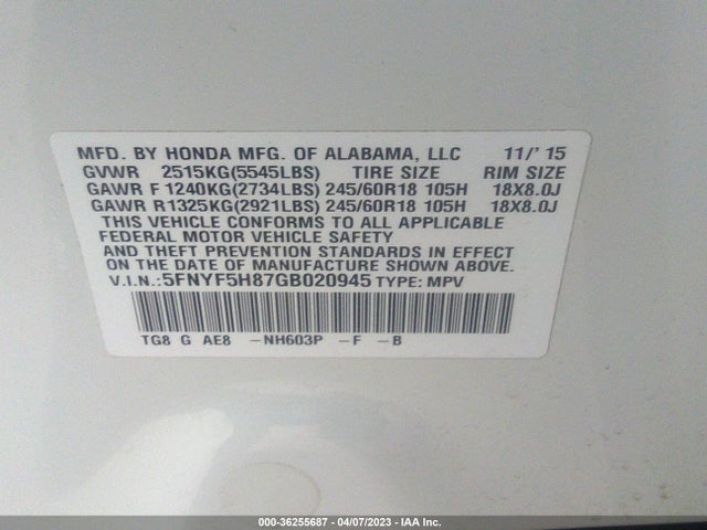 Honda Pilot Ex-l 2016 5FNYF5H87GB020945 Image 9
