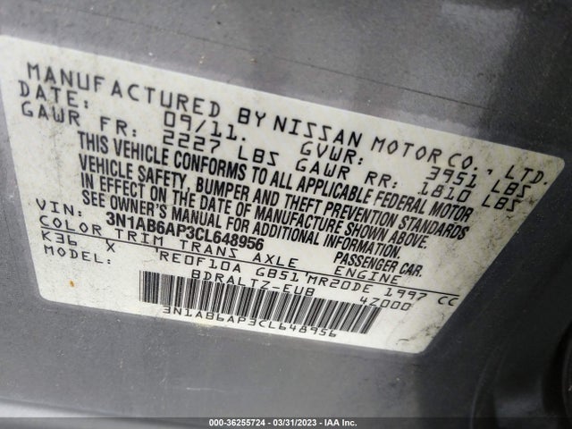 2012 NISSAN SENTRA 2.0 S VIN: 3N1AB6AP3CL648956
