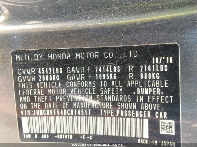 2017 HONDA ACCORD HYBRID EX-L VIN: JHMCR6F54HC014517