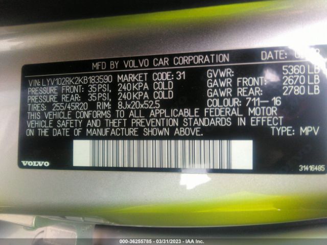 LYV102RK2KB183590 Volvo Xc60 Momentum