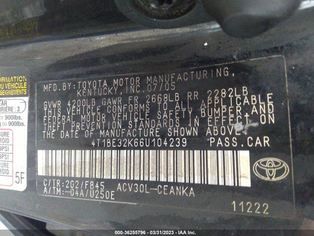 2006 TOYOTA CAMRY STD/LE/SE/XLE VIN: 4T1BE32K66U104239