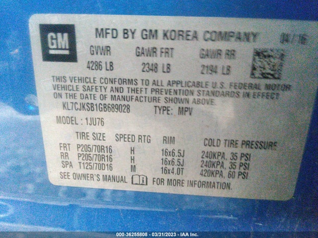 2016 Chevrolet Trax, VIN: KL7CJKSB1GB689028