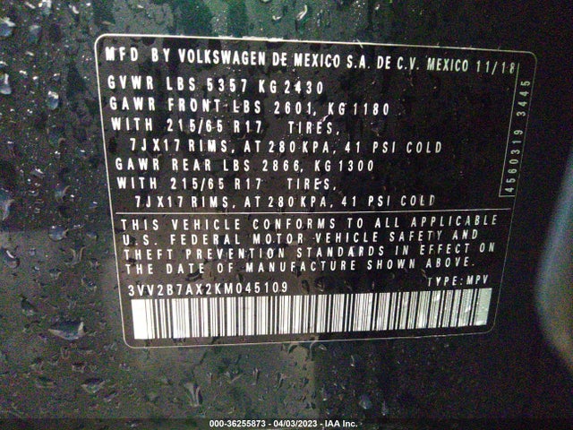 3VV2B7AX2KM045109 Volkswagen Tiguan Se/sel/sel R-line